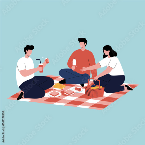 Joyful Picnic Gathering: Illustrative depiction of friends partaking in a cheerful picnic, embracing the joys of companionship, laughter, and delightful food in a vibrant outdoor setting.
