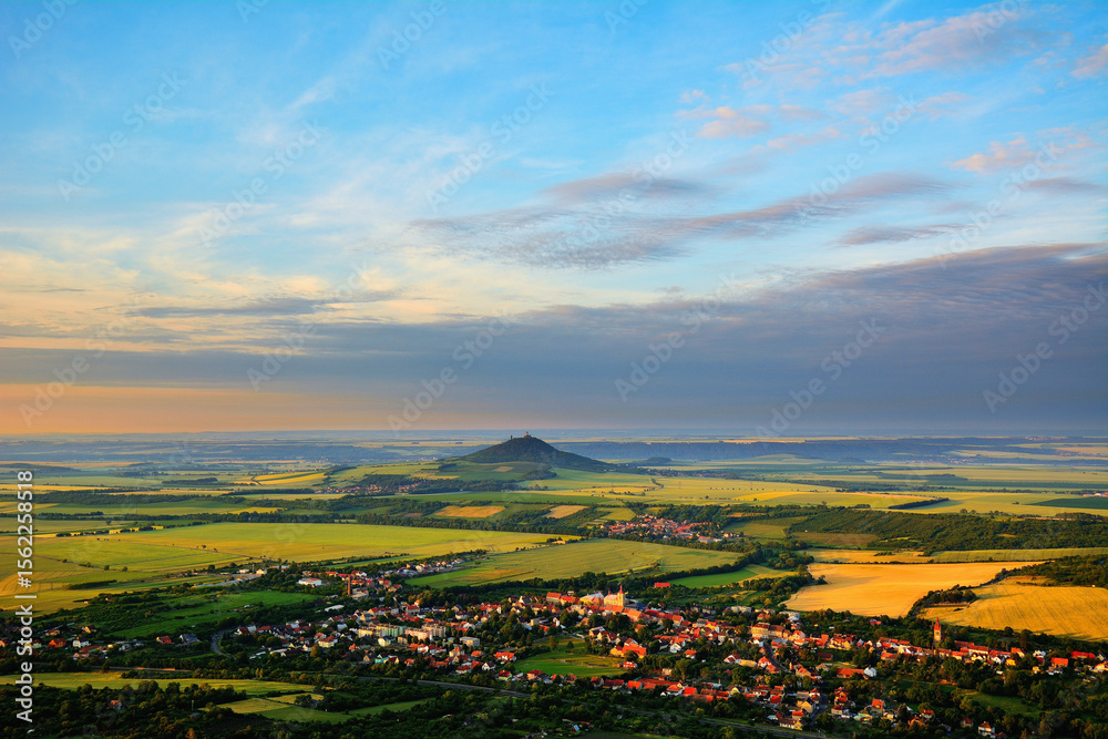 Fototapeta premium Summer Landscape of Czech Town and Surrounding Farmland from Above