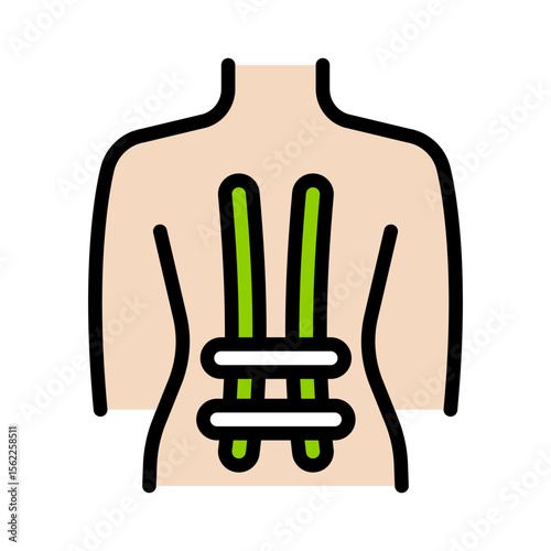 Back kinesio tape strips spine color icon. Elastic therapeutic tape. Muscles swelling and pain reduction. Joints and ligaments support. Isolated symbol illustration.