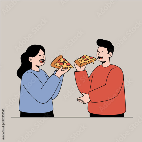 Sharing Pizza Moments: A couple shares a slice of delicious pizza in a vector illustration, emphasizing joy, connection and appetite 2