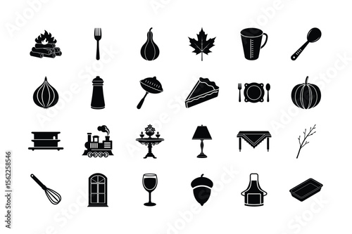 Thanksgiving Silhouette Set – Fall Harvest, Pumpkin Pie, Autumn Leaves, Holiday Dinner, Table Setting, and Seasonal Food Symbols