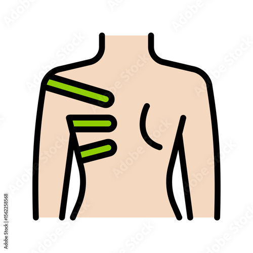 Shoulder blade kinesio tape strips color icon. Application neck kinesio taping sign. Elastic therapeutic tape. Muscles swelling and pain reduction. Joints and ligaments support. Isolated symbol illust
