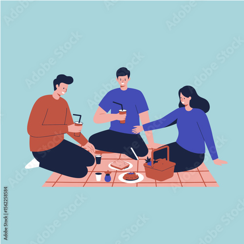 Picnic gathering: Capture the joy of friendship as three individuals relax on a picnic, sharing food, drinks, and laughter amidst a backdrop of blue sky, evoking a sense of simplicity and pure bliss.
