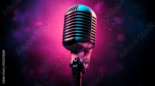 Vintage microphone illustration with purple and pink bokeh background perfect for music entertainment or podcasting themes