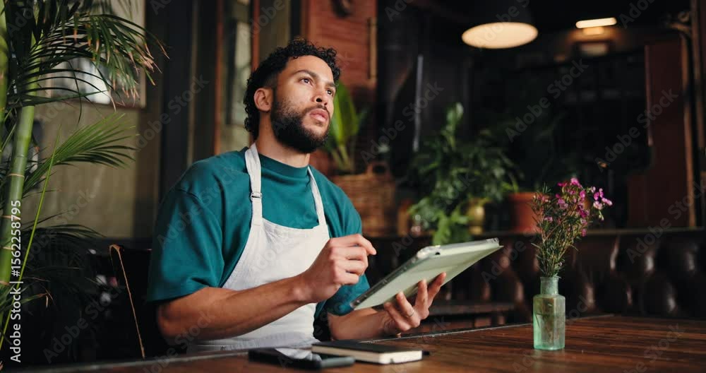 Waiter, man and typing on tablet in restaurant for stock order, menu planning and website review. Hospitality industry, barista and digital app in cafe for inventory management and pricing decision Waiter, man and typing on tablet in restaurant for stock order, menu planning and website review. Hospitality industry, barista and digital app in cafe for inventory management and pricing decision