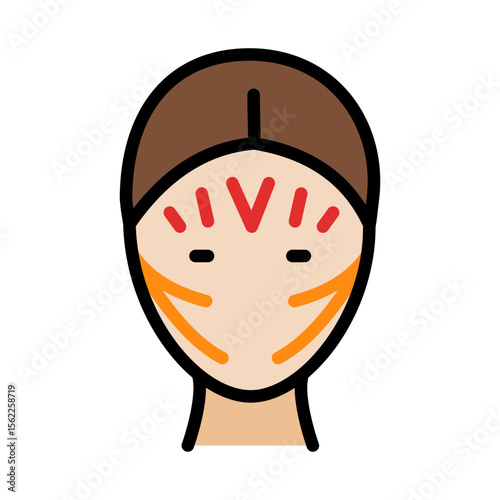 Face kinesio taping scheme. Woman with facial kinesio tapes. Elastic therapeutic tape color icon. Isolated vector illustration.