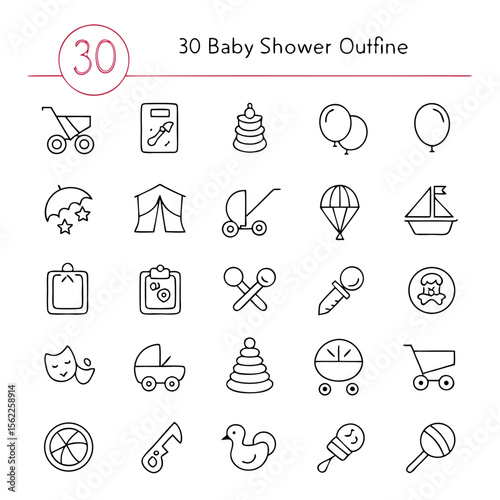 Outline drawing set featuring baby shower related icons including stroller, toys and other baby related items