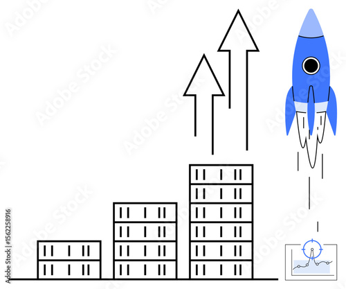 Rocket taking off beside a bar chart and upward arrows, symbolizing growth, progress, and innovation. Ideal for success, business development, innovation, launch, analytics strategy future vision