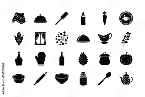 Thanksgiving Silhouette Set – Pumpkin, Harvest Food, Autumn Leaves, Holiday Dinnerware, Cooking Tools, and Seasonal Celebration Symbols