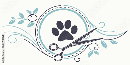 Pet grooming salon logo design with paw print and scissors vector art