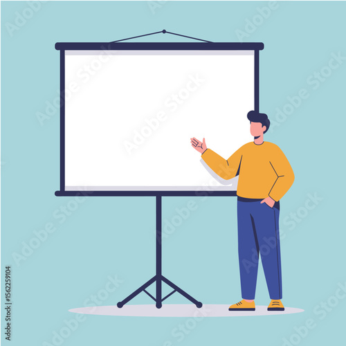 Presentation and Speaker: A clean, modern illustration shows a speaker standing confidently next to a presentation screen, gesturing towards the blank canvas, ready to present.