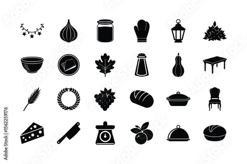 Thanksgiving Silhouette Set – Harvest Food, Autumn Feast, Dining Elements, Holiday Cooking Tools, Fall Decor, and Celebration Symbols
