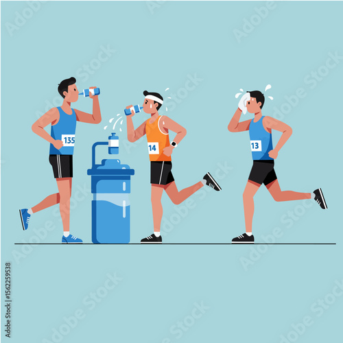 Hydration during the Race: Three athletes are depicted during a marathon or long-distance running event. They are captured mid-run.