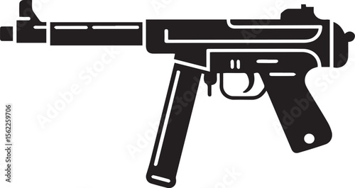 Black metal automatic rifle with isolated bullets on a white background for military and danger themed illustrations