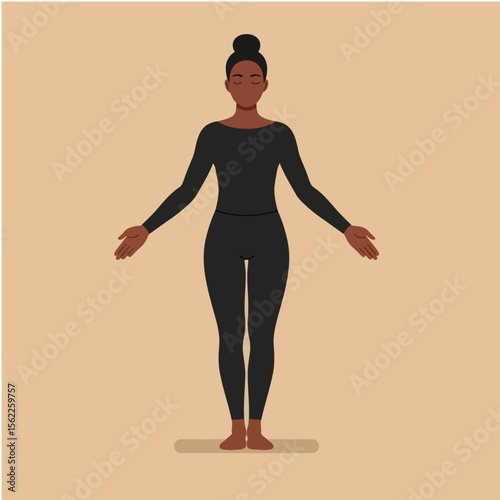 Zen Pose: A serene woman with a neat bun practices a grounding yoga pose. It’s a perfect visual of stillness, mindfulness, and physical balance, bathed in a warm and inviting color palette.