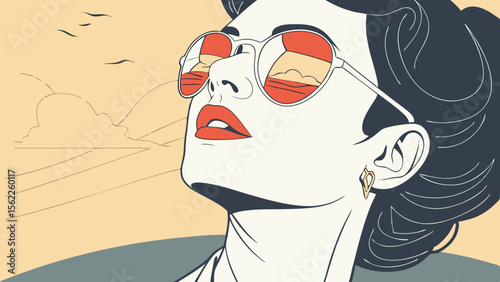 Illustration of woman with sunglasses reflecting beach and summer sky