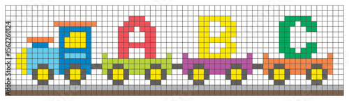 Colorful alphabet train with letters A, B, and C in pixel art style