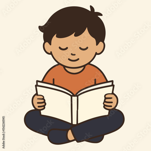 Boy reads a book peacefully, sitting cross-legged illustration.