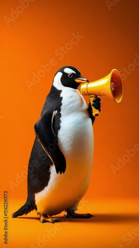 Penguin holding a yellow megaphone, standing on an orange background
