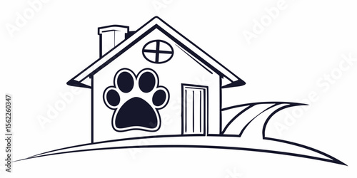 Pet shelter logo design with paw print and house vector illustration