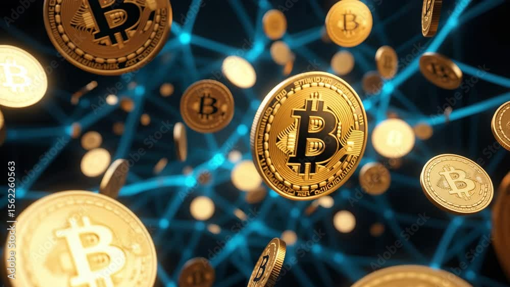 Bitcoin coins floating with glowing blockchain network connections, cryptocurrency digital finance, virtual currency growth, decentralized economy, fintech innovation, blockchain technology concept