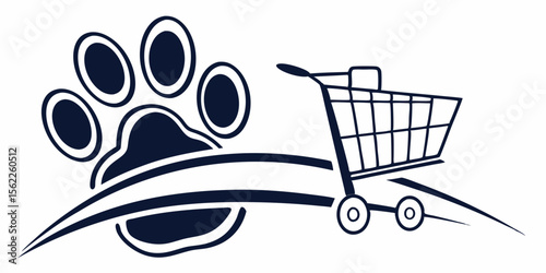 Pet shop online store shopping cart paw print vector illustration