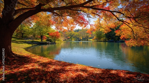 Fototapeta Naklejka Na Ścianę i Meble -  The tranquil lake surrounded by vibrant autumn foliage and colorful trees.