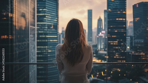 Woman looking over a balcony, skyscrapers in background, concept of vision and leadership generative ai