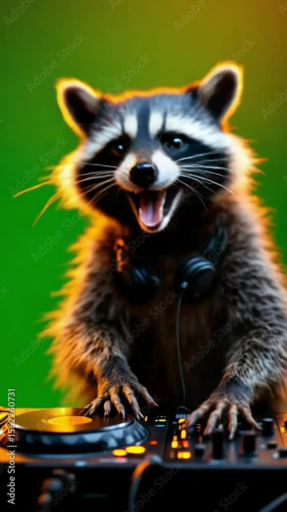 Raccoon DJ smiles, wearing headphones & at a mixing board with a green background