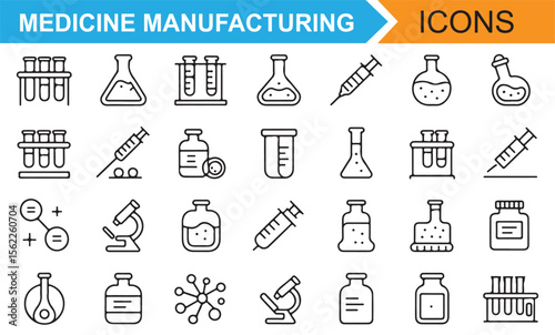 Icons of Syringes, Test Tubes, and Vials for Medicine Manufacturing