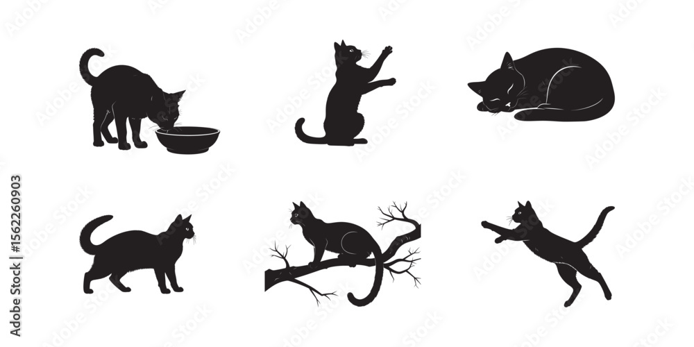 Obraz premium Silhouette Serenade A Collection of Feline Forms in Playful Poses and Peaceful Slumber Captured in Striking Black Silhouettes