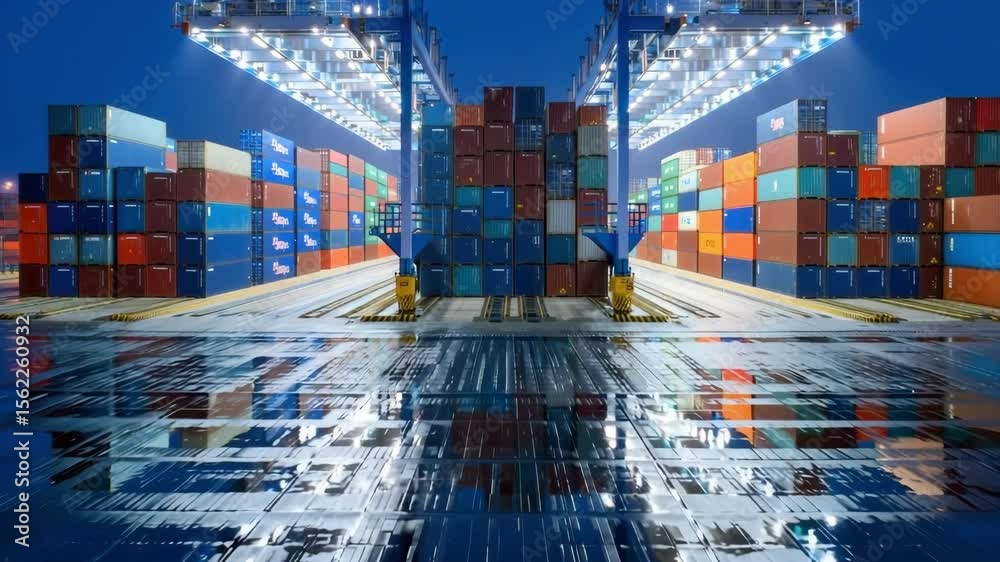 Night view of illuminated shipping container terminal with cranes, global logistics and freight transportation, maritime trade port, cargo management, international export import, supply chain hub