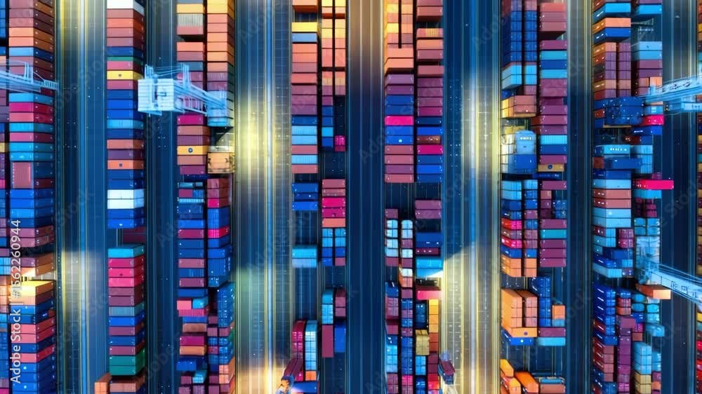 Aerial view of colorful shipping containers in port terminal, global logistics and transportation, freight cargo management, international trade, supply chain distribution, maritime export import