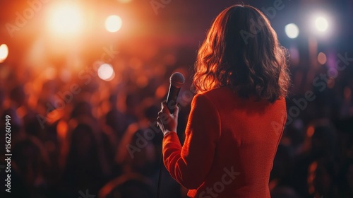 Woman on a stage with a microphone, addressing a crowd, generative ai