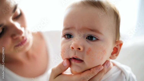 Baby with atopic dermatitis rash on face examined by mother, pediatric eczema symptoms, infant skin allergy condition, dermatological health care, allergic reaction, child skincare problem