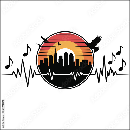 Cityscape Music Vibe with Birds and Sunset Illustration