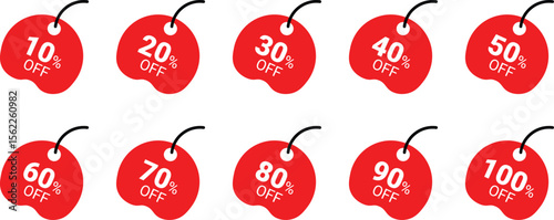 Vector art of ten red appleshaped discount tags with percentages from 10 to 100 off, isolated on transparent background