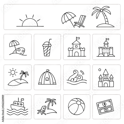 Collection of beach themed line drawings including sun, palm tree, sandcastles, and beach accessories icons