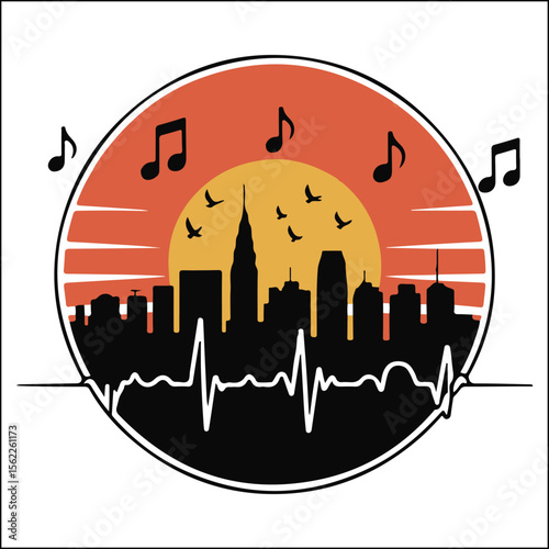 City Skyline Music Heartbeat Graphic with Sunset and Birds