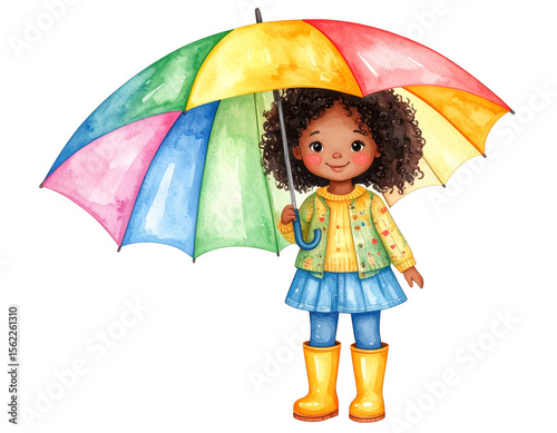 A little girl's colorful adventure, protection and play with bright umbrella little