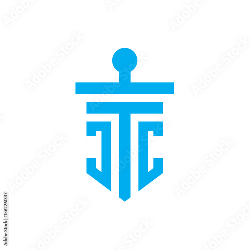 An abstract blue emblem resembling a stylized anchor or scepter, with geometric lines and a top circle, conveying stability or leadership