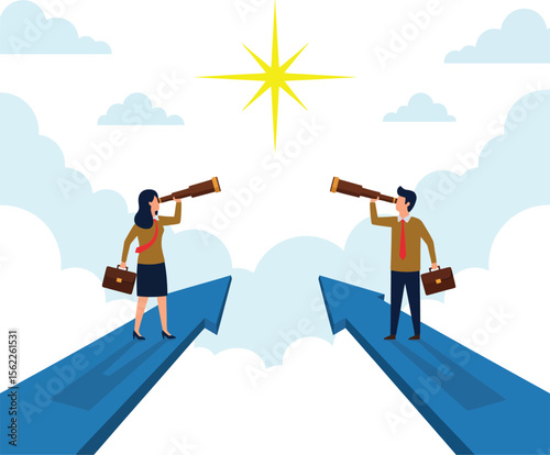 Business Vision and Future Goals - Man & Woman Looking Through Telescopes at Star