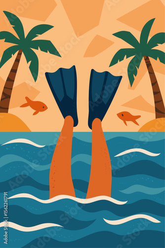 Person diving in tropical sea with flippers surrounded by palm trees and fish