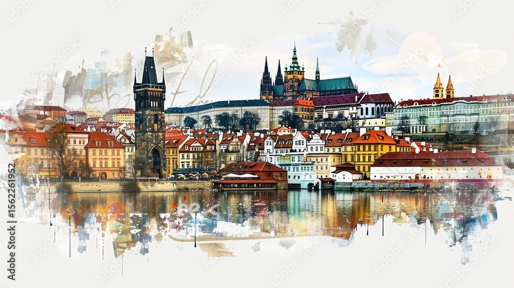 Fototapeta premium European city watercolor view