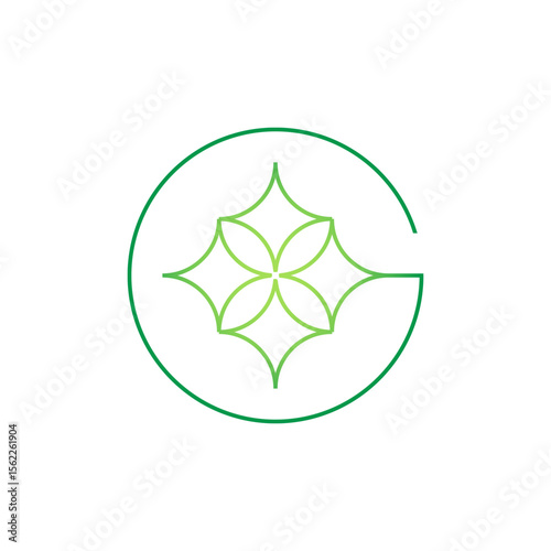 A thin green outline circle with an outward extension, enclosing a four-petal flower or abstract star design formed by curved lines