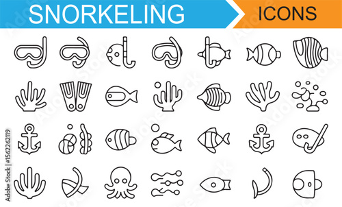 Underwater Wildlife and Snorkeling Gear Icons for Marine Exploration