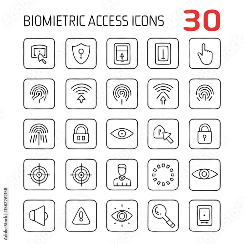 Illustration of thirty biometric access icons with rounded square borders arranged in a grid format
