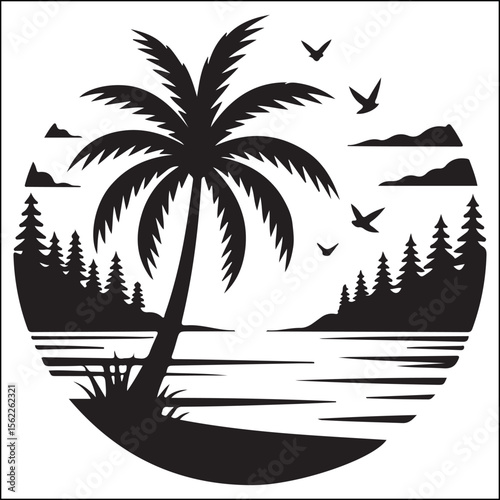 Tropical Island Silhouette with Palm Trees Water Birds and Forest