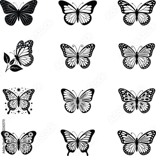 Collection of Nine Black and White Butterfly Illustrations with Different Wing Patterns