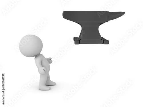 3D Character looking at a falling black anvil